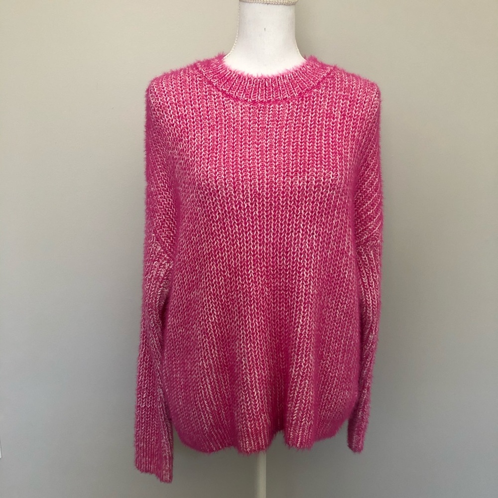 Elodie Sweater Knit Fuzzy Crewneck Eyelash Mid-Weight High Neck Hot Pink White